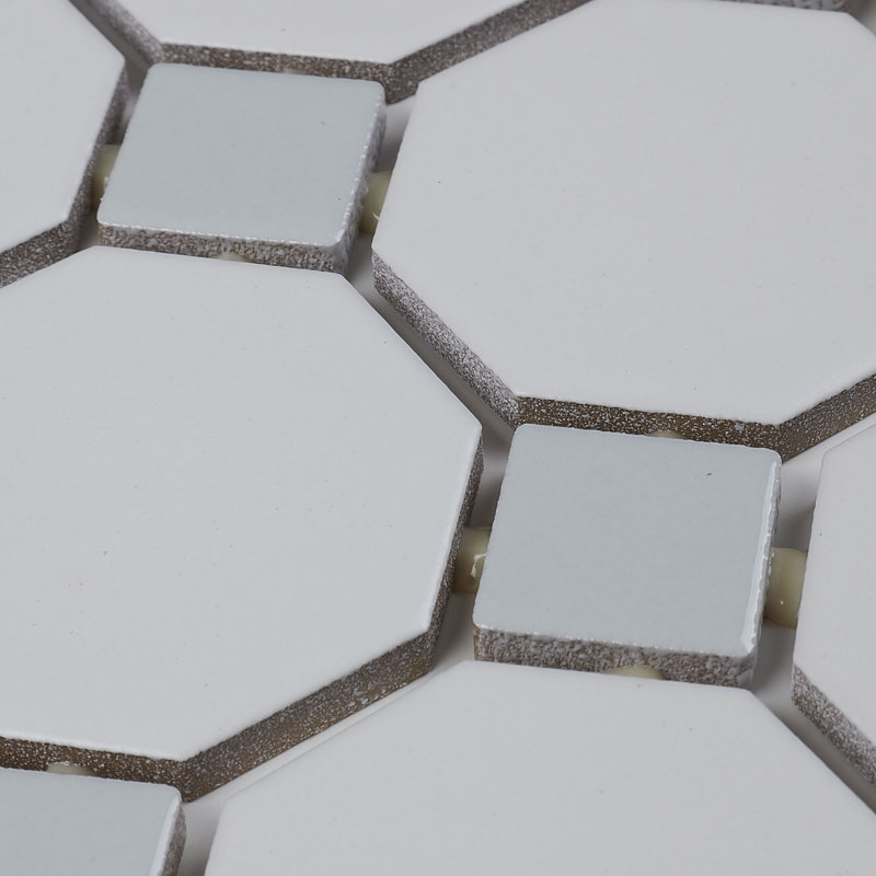 Daltile Octagon and Dot 2" x 2" Ceramic Mosaic Tile in Glazed Matte White with Gray Gloss Dot